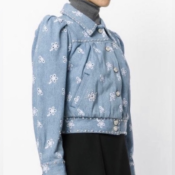 Marc Jacobs Stud Broderie Anglaise Daisy Embroidered Denim Jacket In Blue - Picture 2 of 13